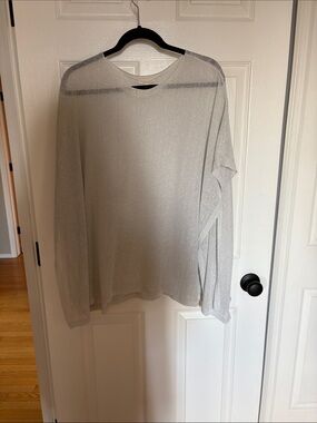 Eileen Fisher Silver-Light Gray Sheer Knit Crewneck Sweater